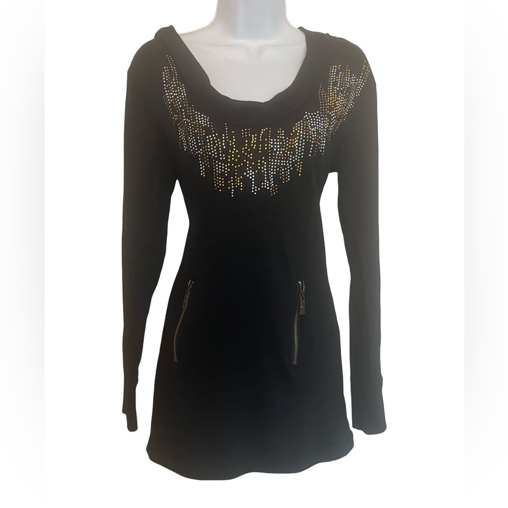 Apple Bottoms Women’s Black Hooded Tunic Dress Cutout Neck Rhinestones. Size:L.